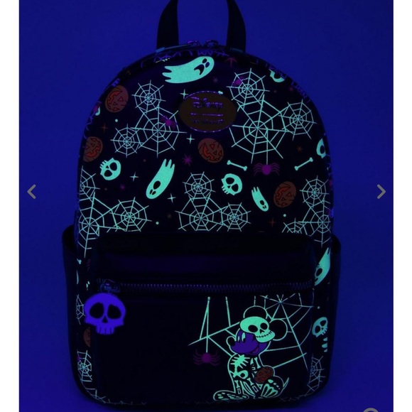 NWT Her Universe Disney Mickey Halloween Skeleton Glow-In-The-Dark Backpack - Picture 2 of 8